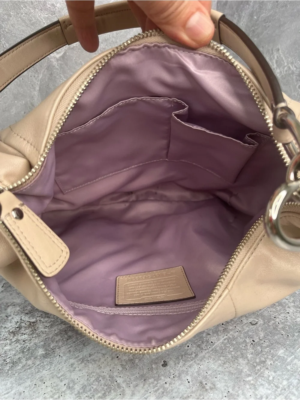 Coach Beige Leather Shoulder Bag with Silver Hardware